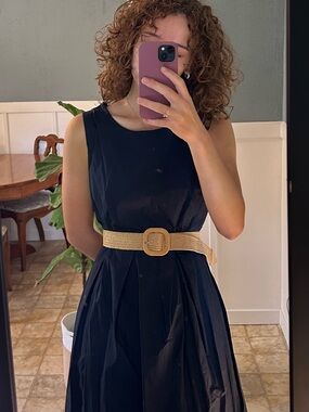 Navy Cotton Knee length Box Pleat Dress